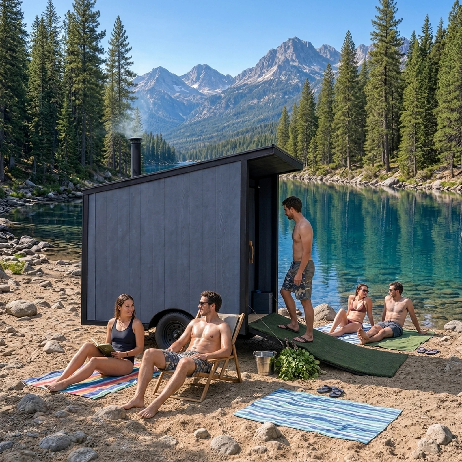 Mobile Finnish sauna rental delivered near a South Lake Tahoe shoreline at sunset