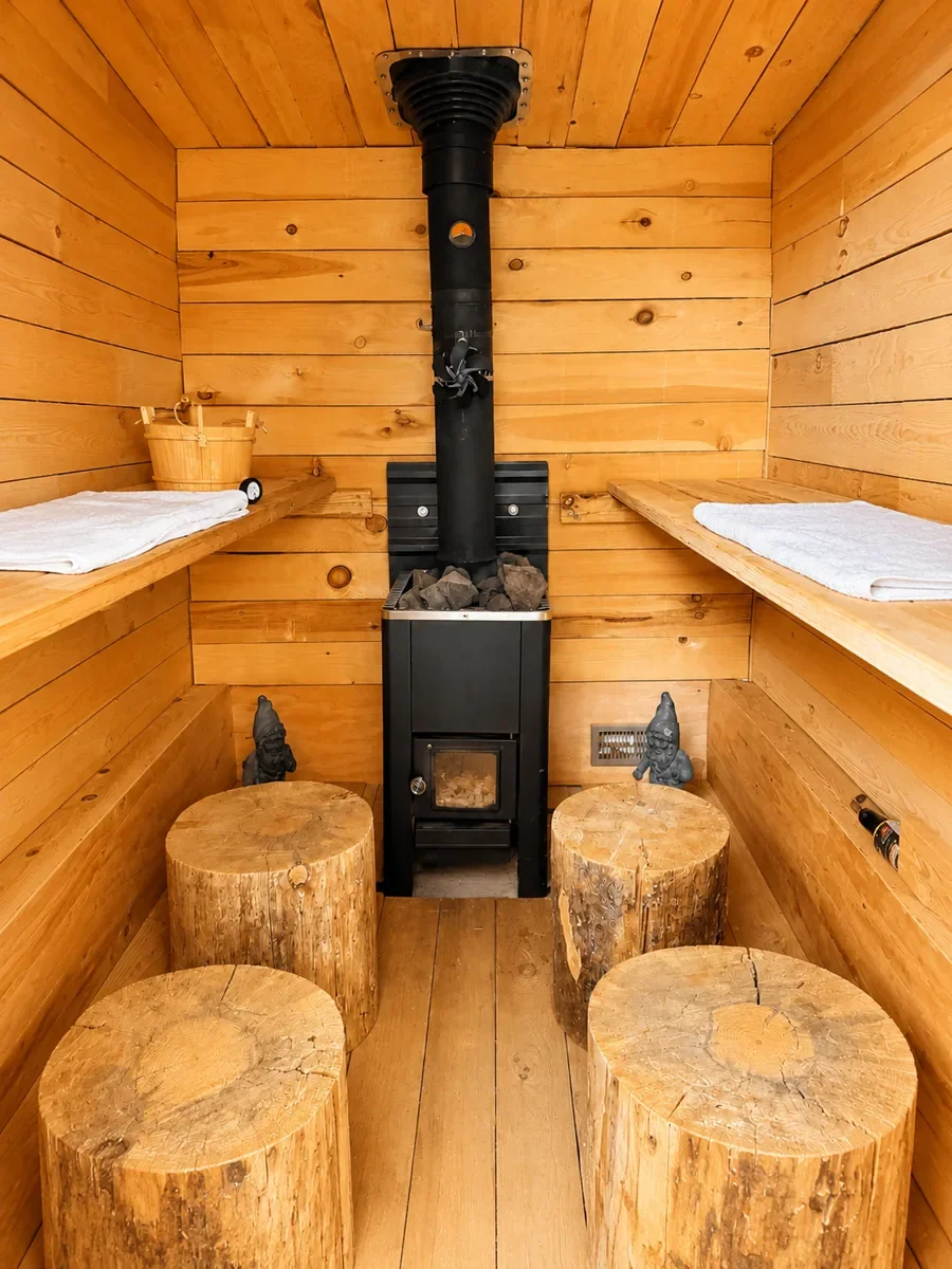 Cedar-lined sauna cabin with two-tier benches, a window, and a stove in the corner
